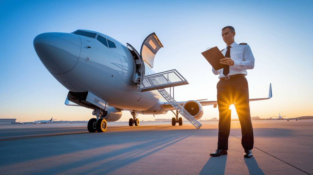 Airline pilot checking aircraft before flight during early morning at airport