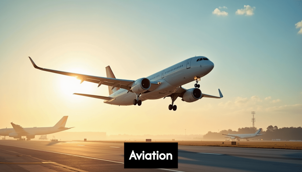 Modern airplane taking off, representing future aviation.