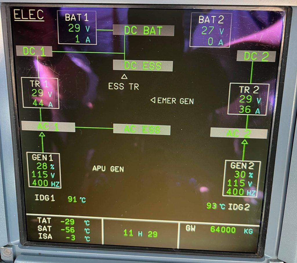 In-flight Airbus A320 electrical failure scenario with emergency generator active