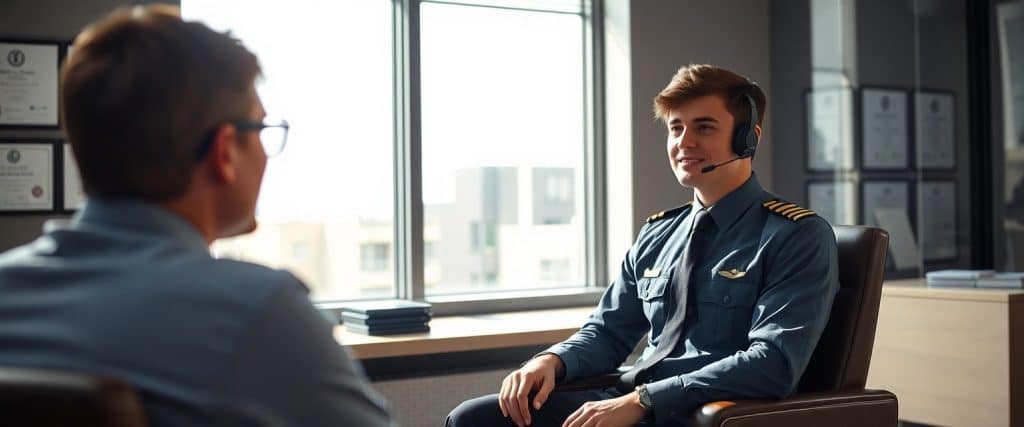 Young pilot in uniform during an airline job interview with a recruiter