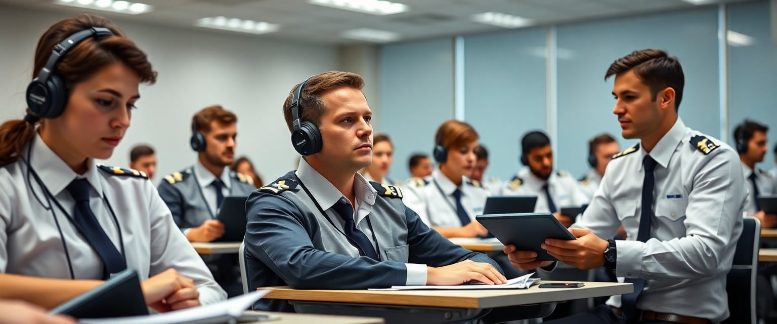 Aviation instructor explaining ATPL theory topics to attentive pilot students in a classroom