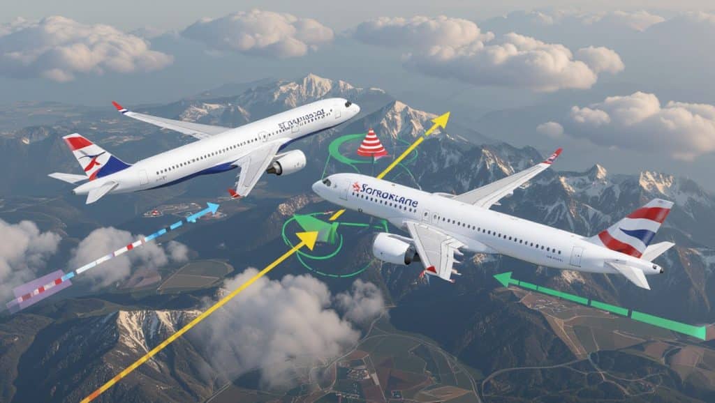 Diagram showing TCAS logic coordinating avoidance between two conflicting aircraft