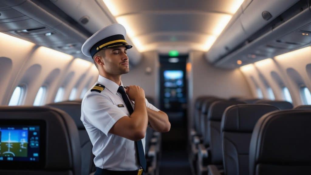 Airline pilot stretching during a long-haul flight in the cabin