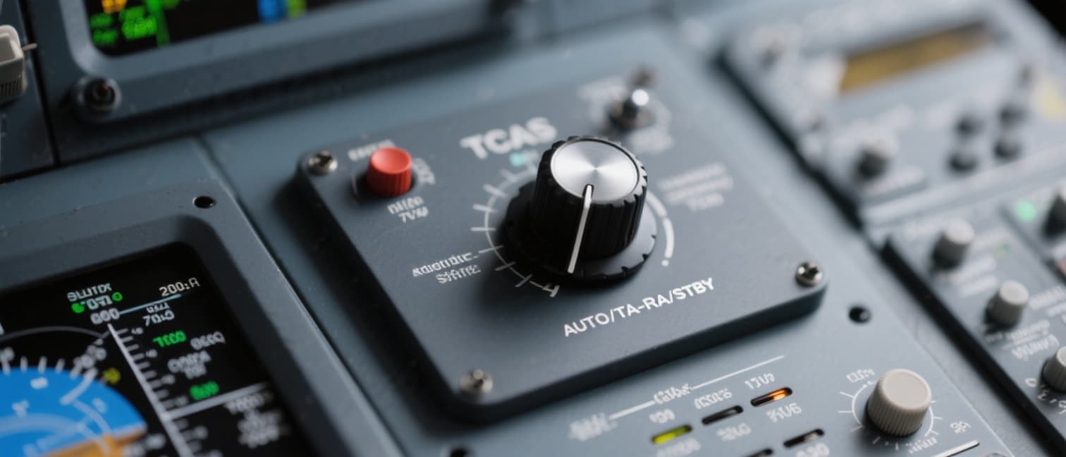 TCAS mode selector and altitude filter controls on an airliner’s cockpit panel