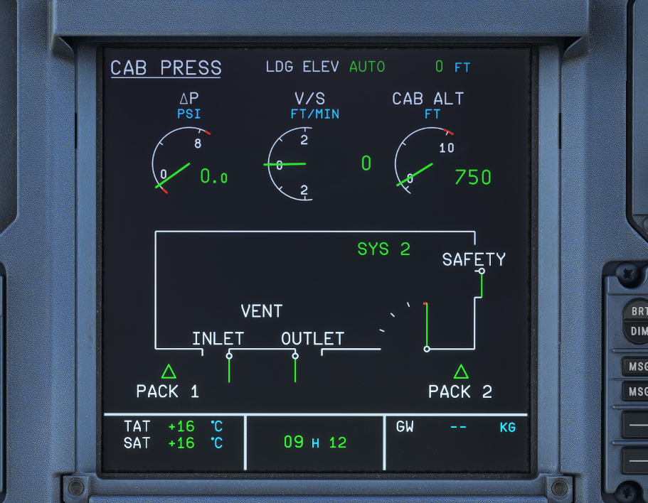 A320 ECAM PRESS page displaying cabin altitude, differential pressure, and outflow valve status.