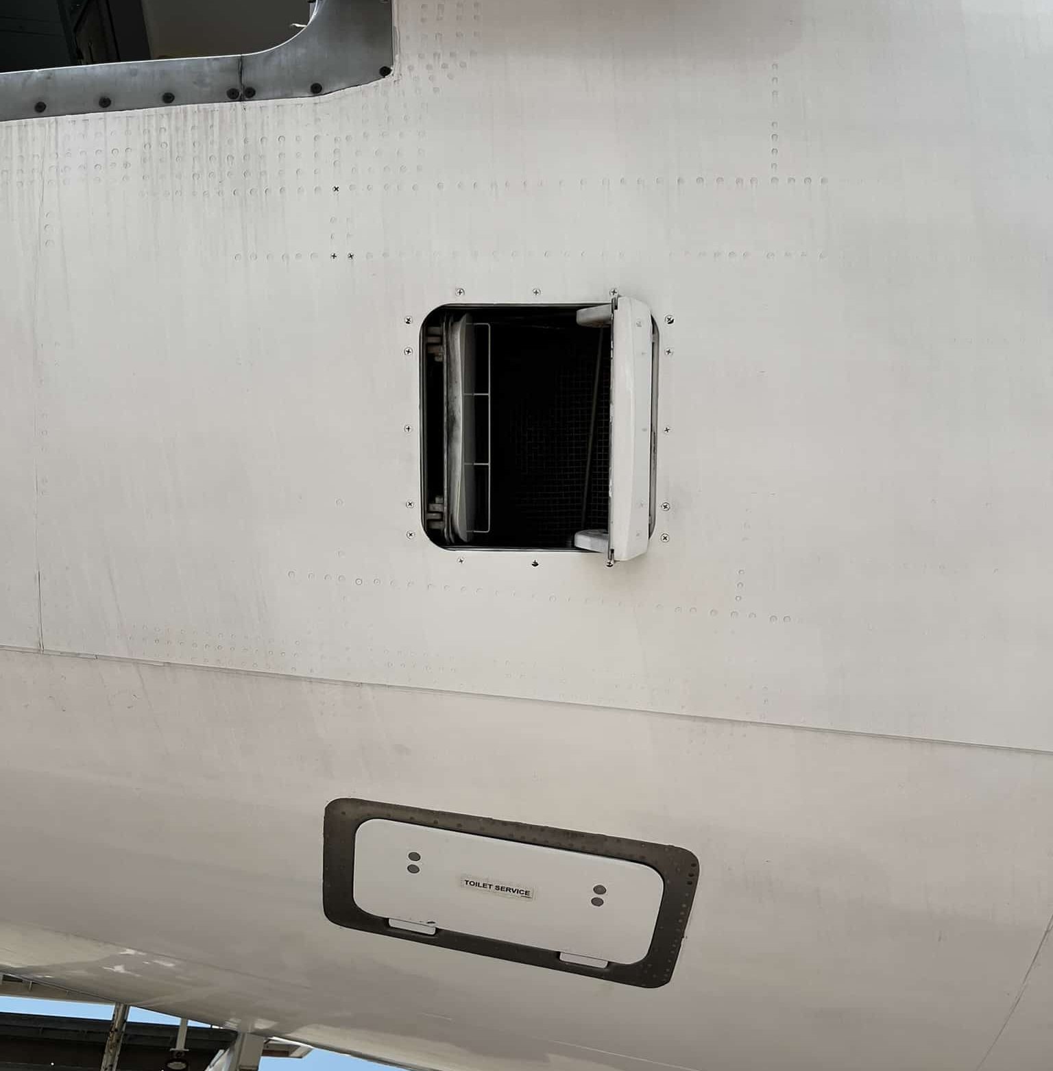 A320 outflow valve located on the rear fuselage controlling cabin air release.