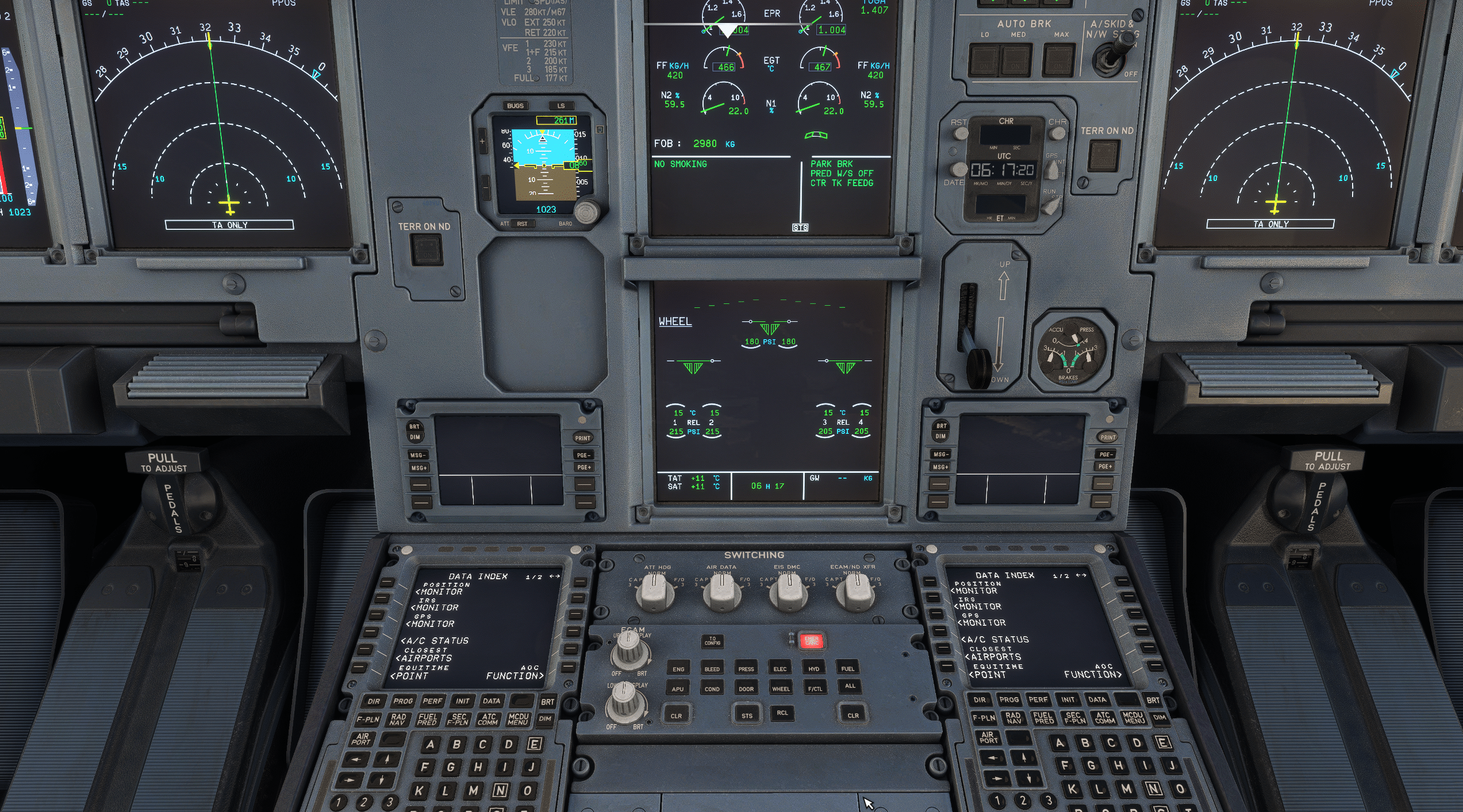 Airbus A320 switching panel showing ATT HDG and AIR DATA selectors for selecting alternate IR and ADR sources.