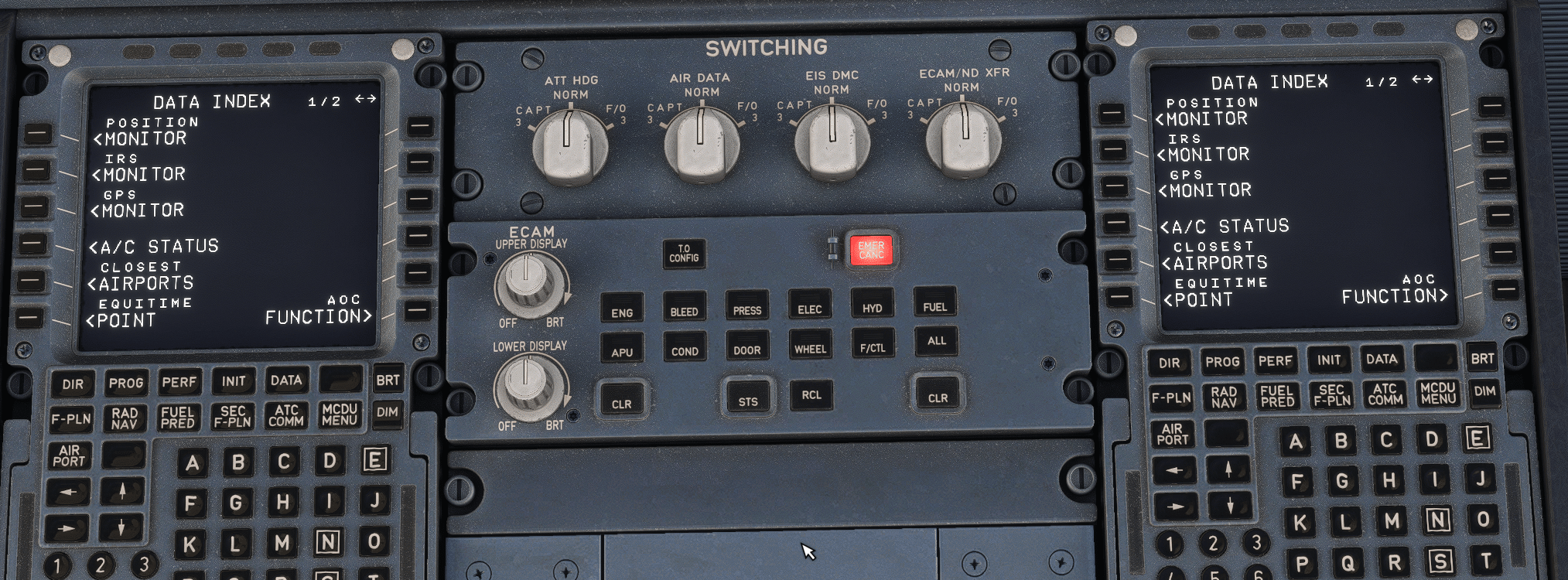 A320 switching panel diagram with labeled selectors: EIS DMC, ATT/HDG, AIR DATA, ECAM/ND XFR