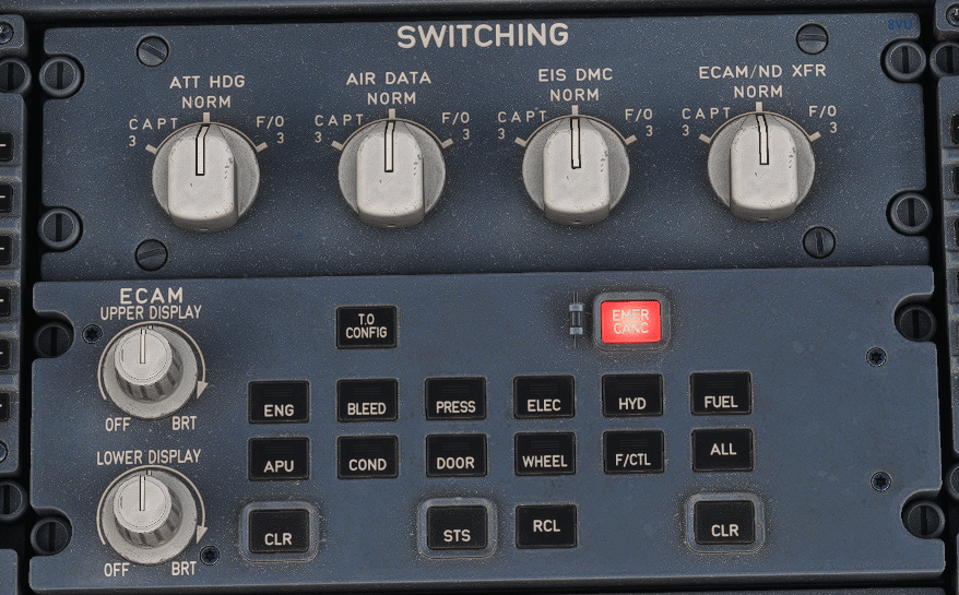 A320 switching panel overview on Airbus A320 pedestal showing EIS DMC, ATT HDG, AIR DATA, and ECAM ND XFR selectors.