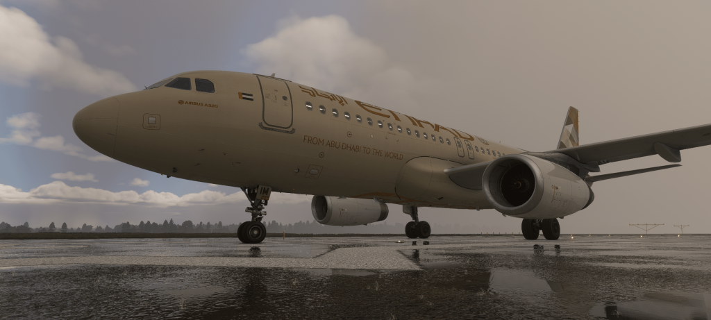 Airbus A320 aircraft on wet runway during rain illustrating ice and rain protection system in action