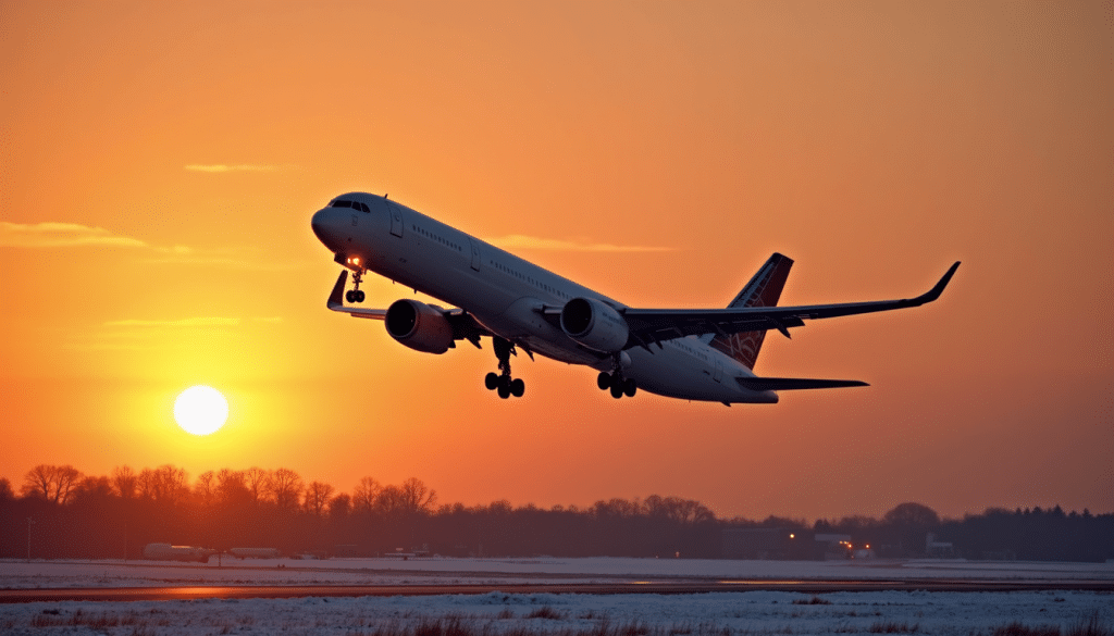 Boeing 757 taking off in Europe at sunset during winter season