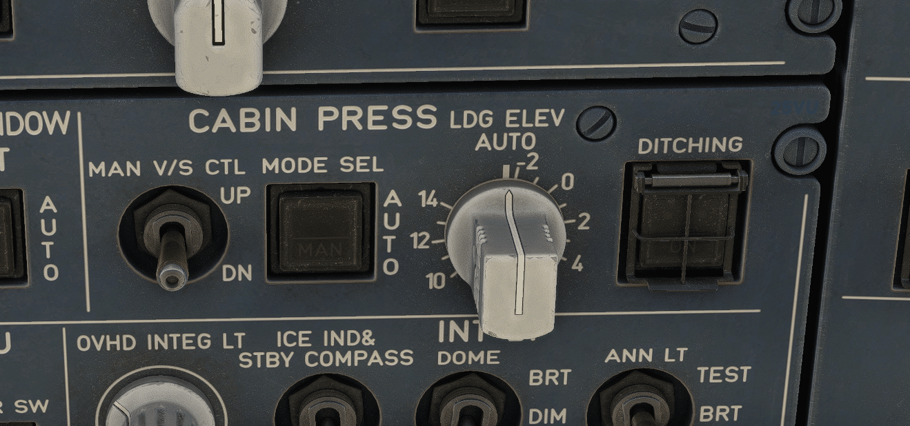 Airbus A320 Cabin Pressure Control Panel with MODE SEL and MAN V/S CTL switches.