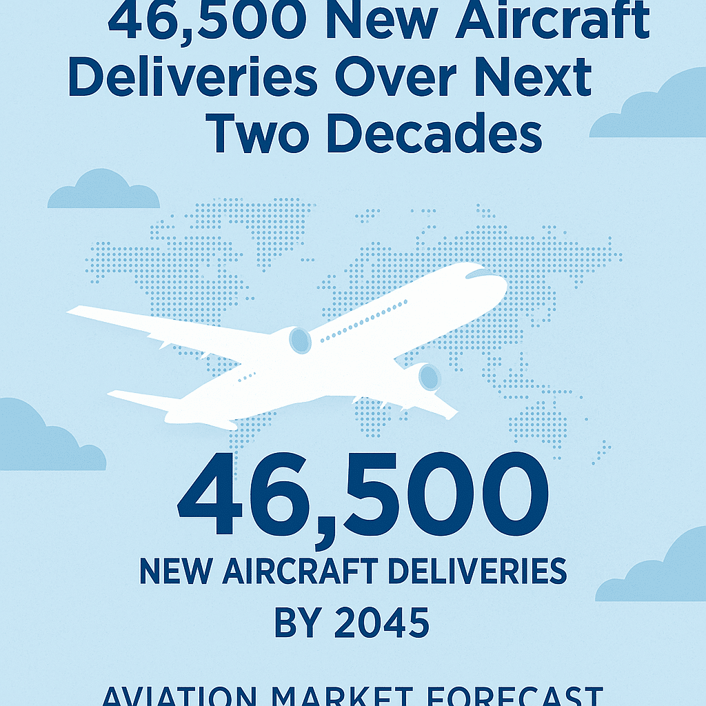 Cirium infographic showing 46,500 new aircraft deliveries by 2045