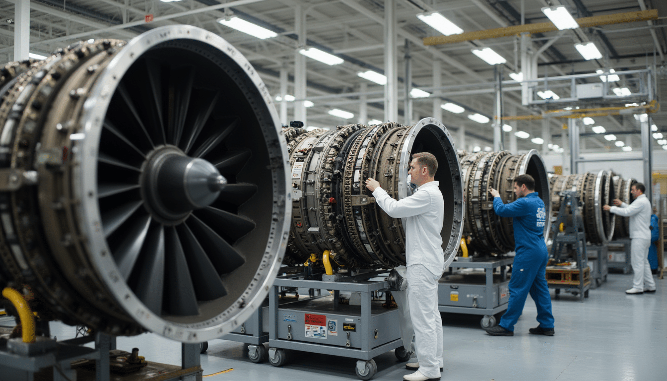GE Aerospace engineers assembling jet engines