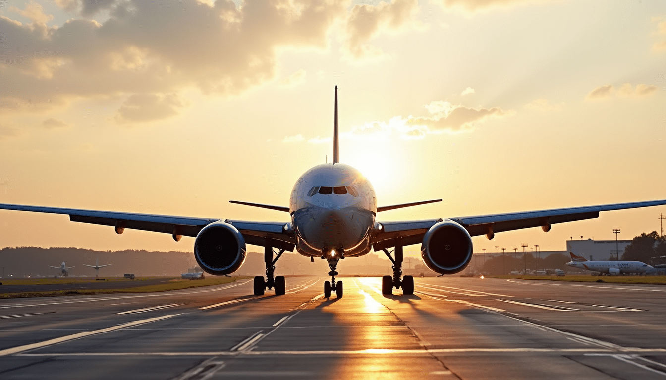 Aircraft preparing for takeoff at sunset illustrating Cirium aviation market forecast