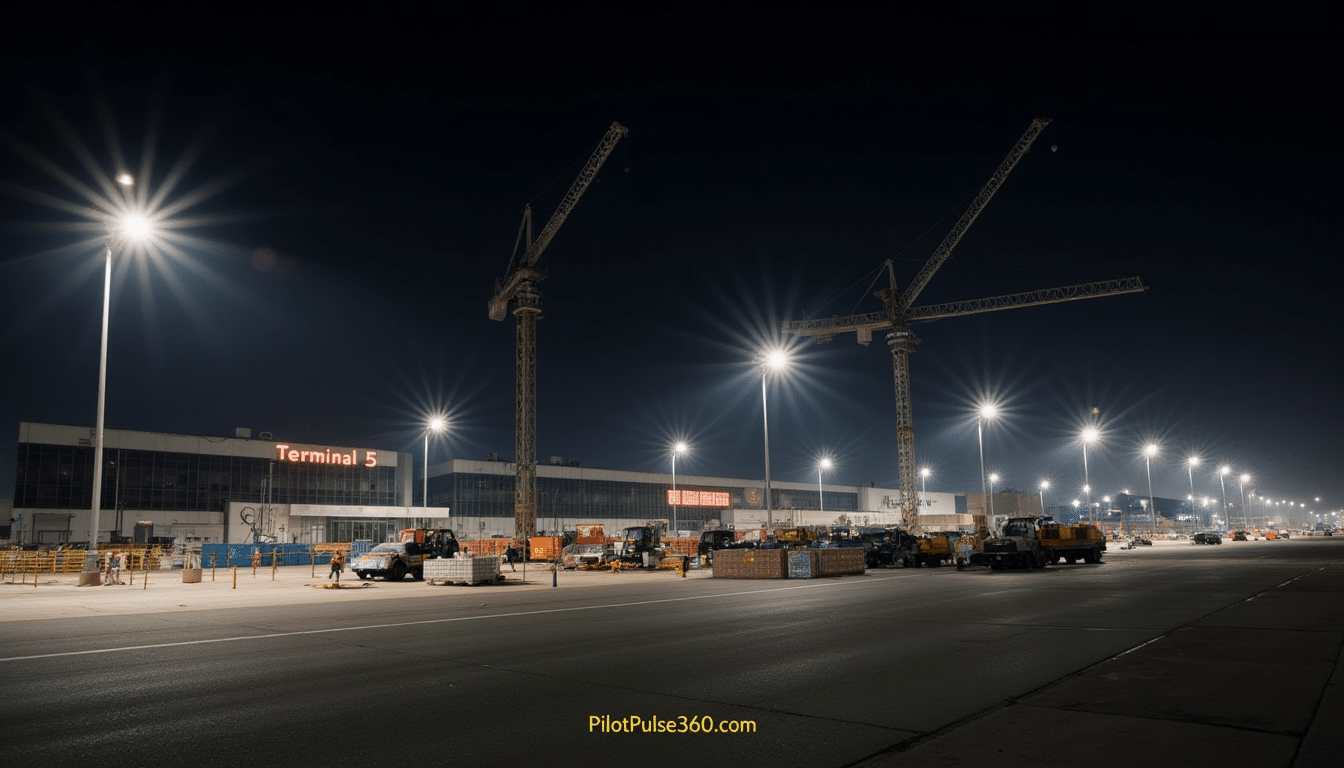 Nighttime construction at LAX Terminal 5 during rebuild — PilotPulse360.com