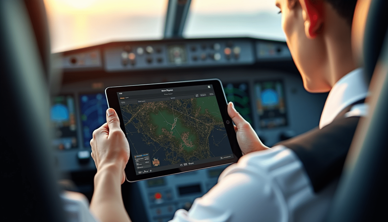 Pilot reviewing LIDO vs Jeppesen charting apps in an aircraft cockpit.