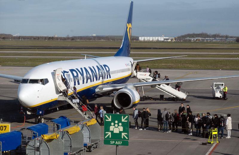 Ryanair Boeing 737 at a German airport reflecting the carrier’s route cutbacks in Germany