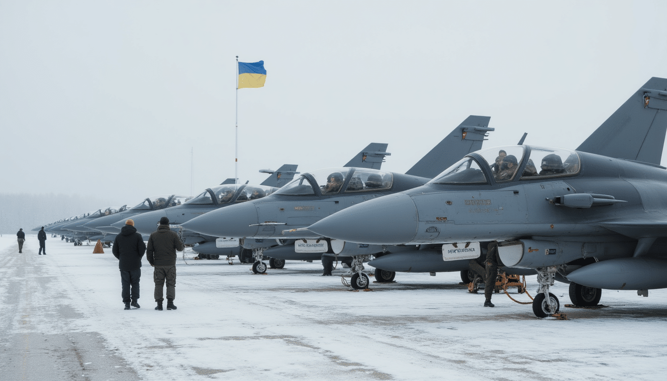 Saab Gripen E fighters lined up on Swedish air base during Ukraine-Sweden fighter deal announcement.