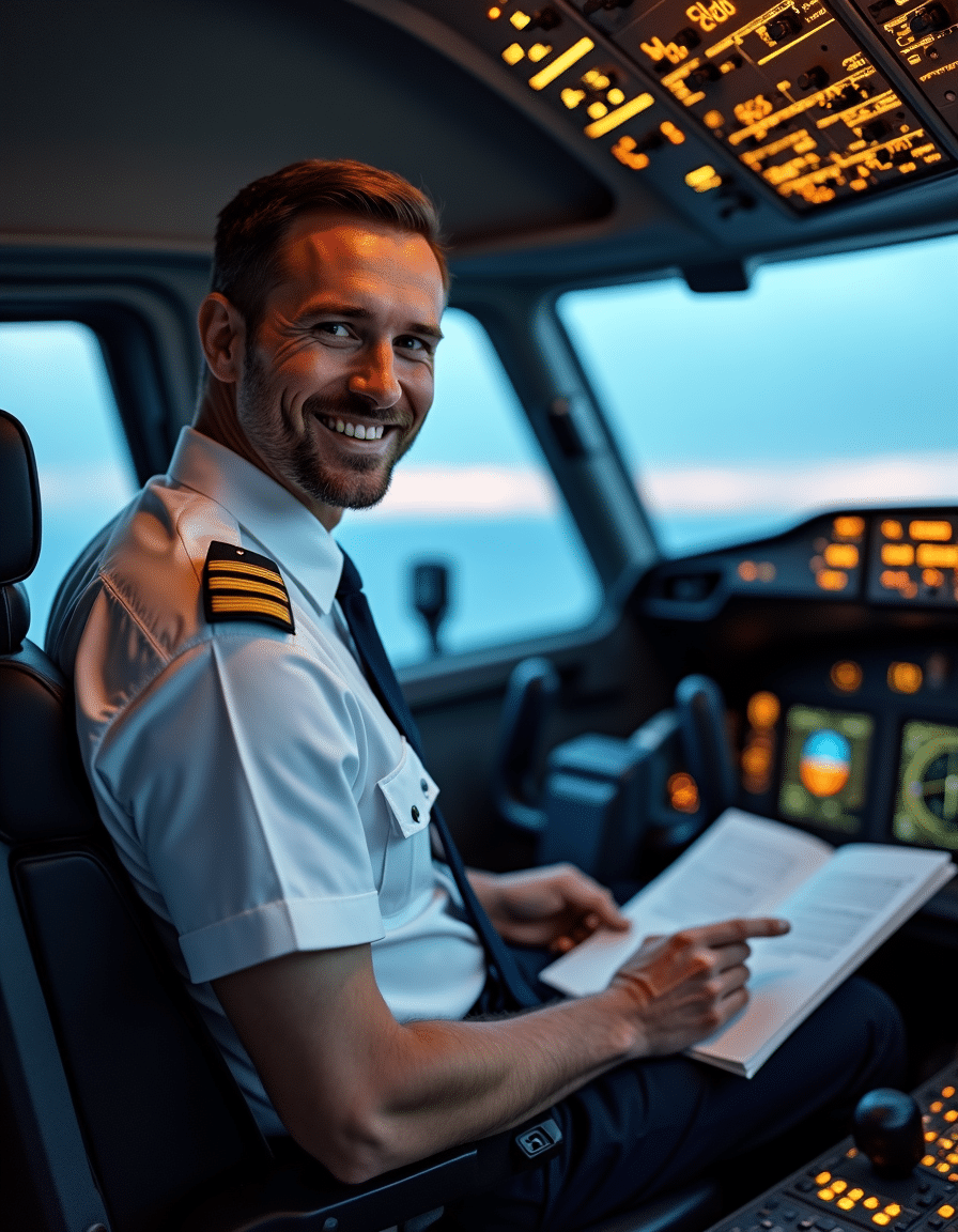 Airbus A320 captain reading manual in cockpit with a confident smile.