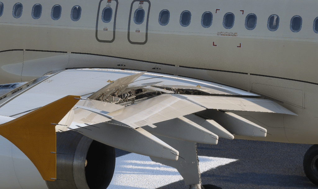Airbus A320 wing section with extended spoilers and flaps showing secondary flight control surfaces in detail.