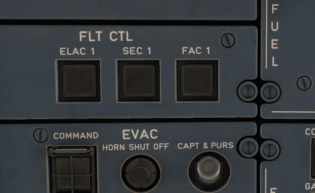 Airbus A320 flight control panel showing ELAC, SEC, and FAC computer switches used to control flight surfaces.