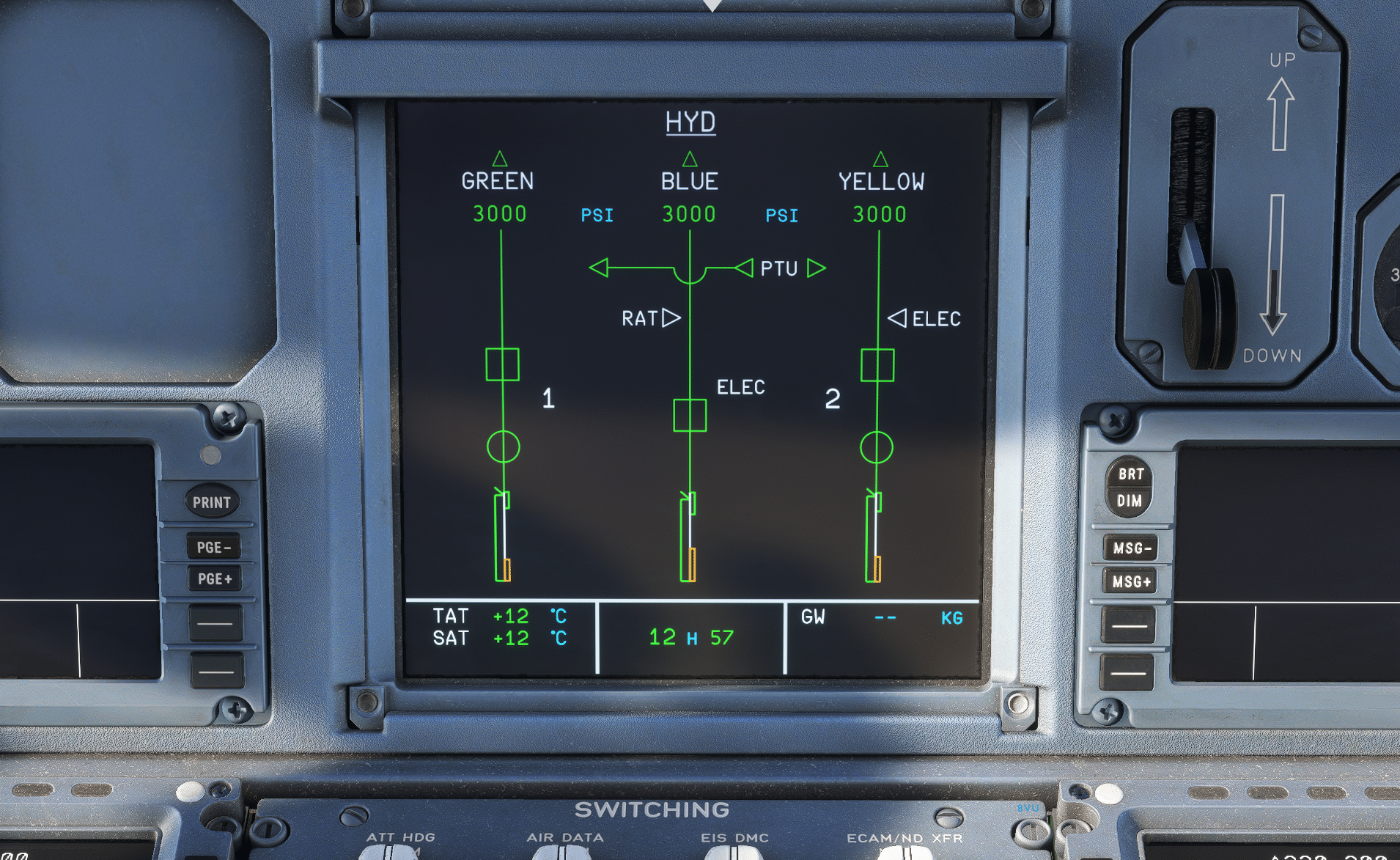 Airbus A320 hydraulic and electrical systems diagram showing blue, green, and yellow circuits
