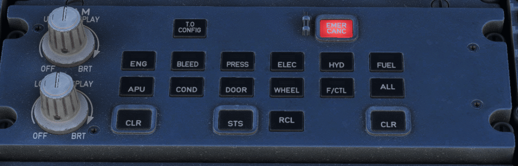 Close-up of the Airbus ECAM Control Panel (ECP) with buttons for CLR, RCL, STS, ALL, EMER CANC, and system page selection.