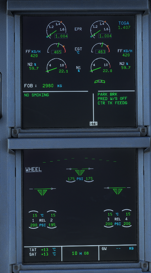 Airbus A320 ECAM display showing the Engine/Warning Display and System Display in normal flight mode.