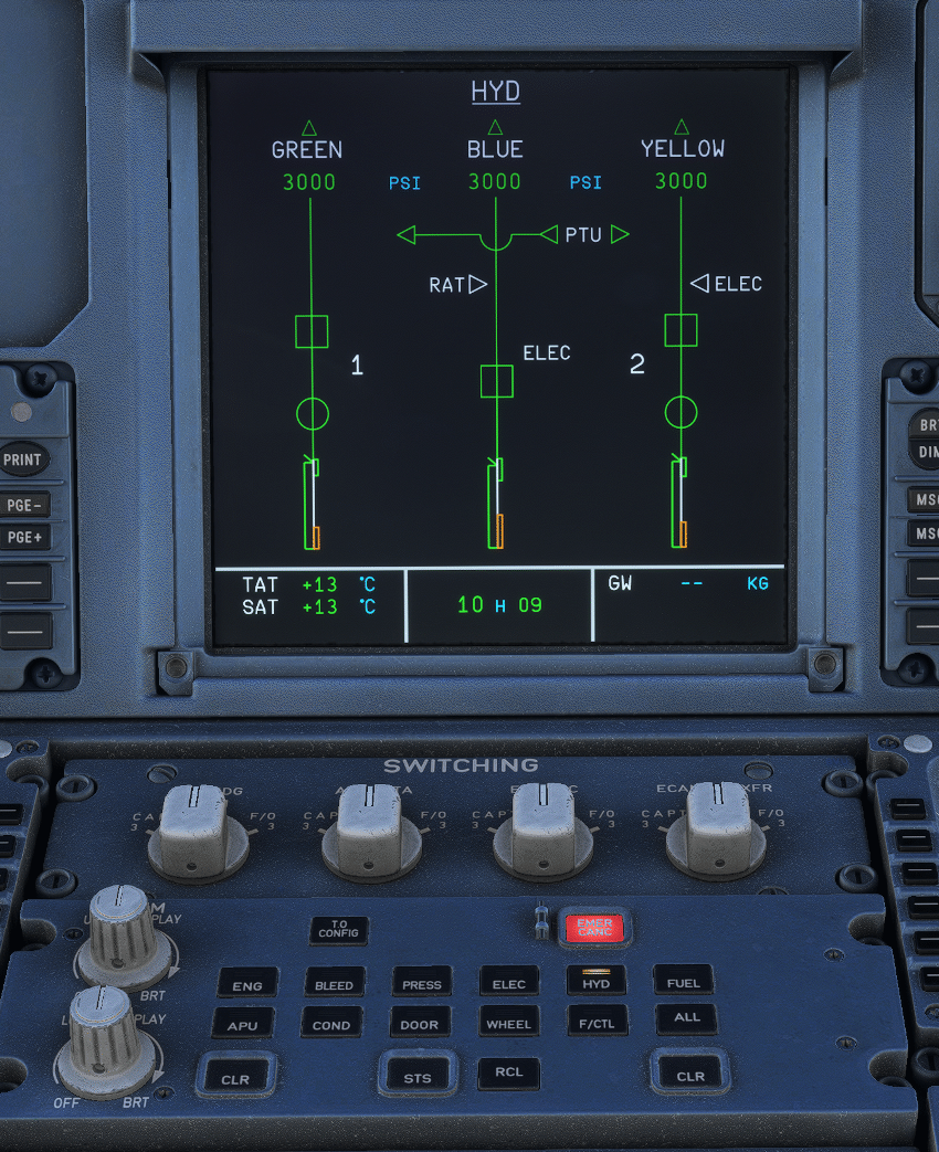 Airbus A320 ECAM System Display showing the HYD page with Green, Blue, and Yellow hydraulic systems and PTU indication.