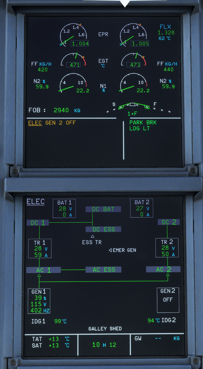 Airbus A320 ECAM warning display showing an ELEC GEN 2 FAULT message and corresponding electrical system page.