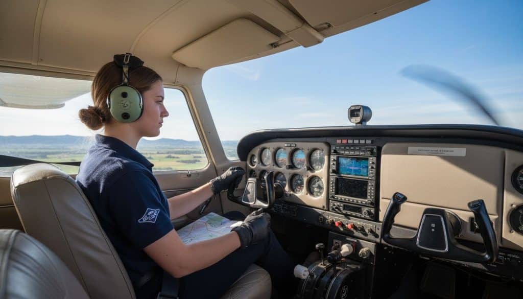 Student pilot flying a small training aircraft during private pilot flight training